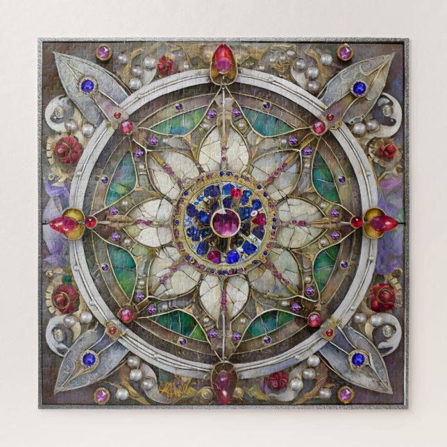 Rubin, Amethyst, Saphir und Perlen-Mandala (Vertikal)