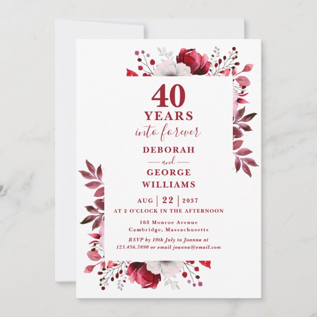 Rubin Hochzeit 40 Jahre Florales Monogramm Einladung (Vorderseite)