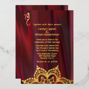 Rubin-Seiden-Look mit Mandala und Ganesha-Hochzeit Folieneinladung