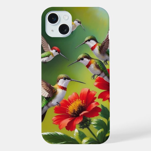 Rubinkehlkolibris und scharlachrote Blüten iPhone 15 Plus Hülle (Rückseite)
