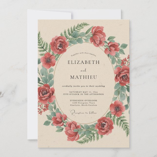Rubinrote botanische rustikale Hochzeit Einladung (Vorderseite)