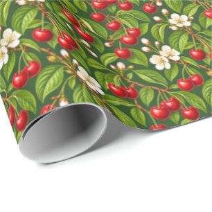 Rubinrote Kirschen auf Waldgrün Geschenkpapier