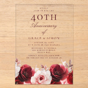 Rubinrote Rosen 40. Hochzeitstag Acryleinladungen
