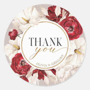 Rubinrote und weiße florale Danke-Sticker Runder Aufkleber