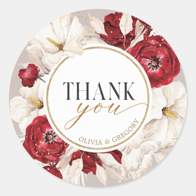 Rubinrote und weiße florale Danke-Sticker Runder Aufkleber (Vorderseite)