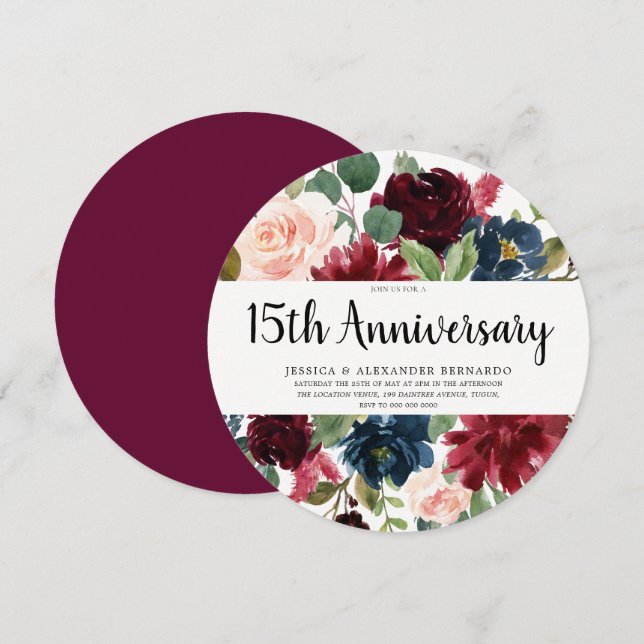Rubinrote Weinblüten 15. Hochzeitstag Einladung (Vorne/Hinten)