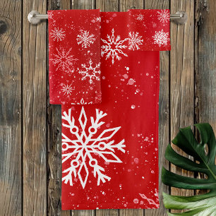 Rubinrotes festliches Weihnachten Weiße Schneefloc Badhandtuch Set