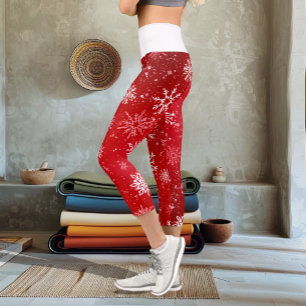 Rubinrotes festliches Weihnachten Weiße Schneefloc Capri Leggings