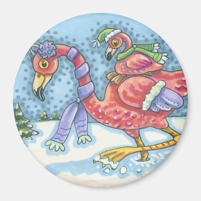 RUBRIK SÜD, PINK FLAMINGOS WINTER MAGNET RUNDE (Vorne)