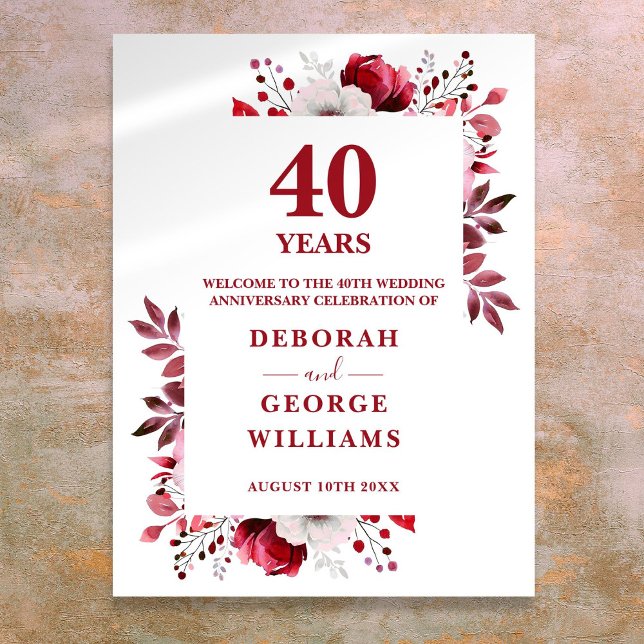 Ruby 40. Elegantes Hochzeitsszenario Begrüßungszei Poster (Ruby 40th Elegant Wedding Anniversary Welcome Sign)