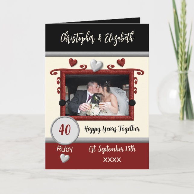 Ruby 40 Jahre Jubiläum fügen Foto-Namen schwarz Karte (Vorderseite)