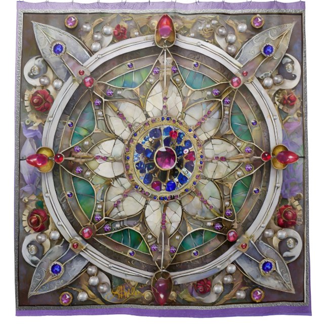 Ruby, Amethyst, Sapphire und Pearl Mandala Duschvorhang (Vorderseite)
