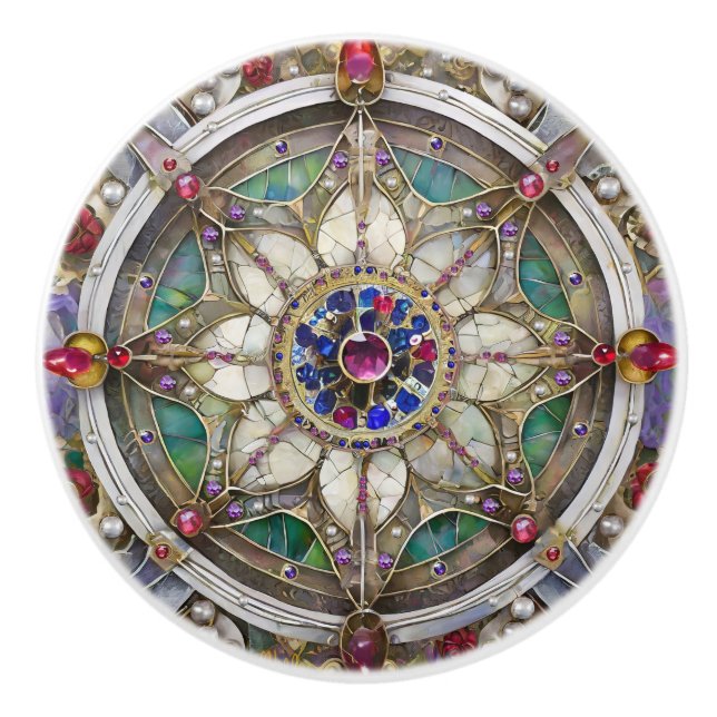 Ruby, Amethyst, Sapphire und Pearl Mandala Keramikknauf (Vorderseite)