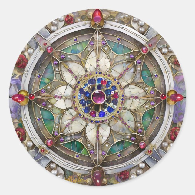 Ruby, Amethyst, Sapphire und Pearl Mandala Runder Aufkleber (Vorderseite)