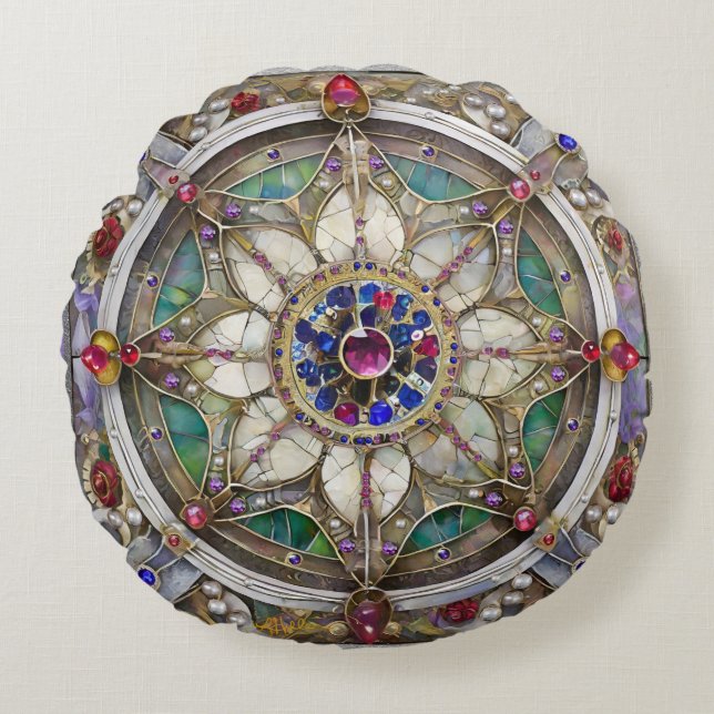 Ruby, Amethyst, Sapphire und Pearl Mandala Rundes Kissen (Vorderseite)