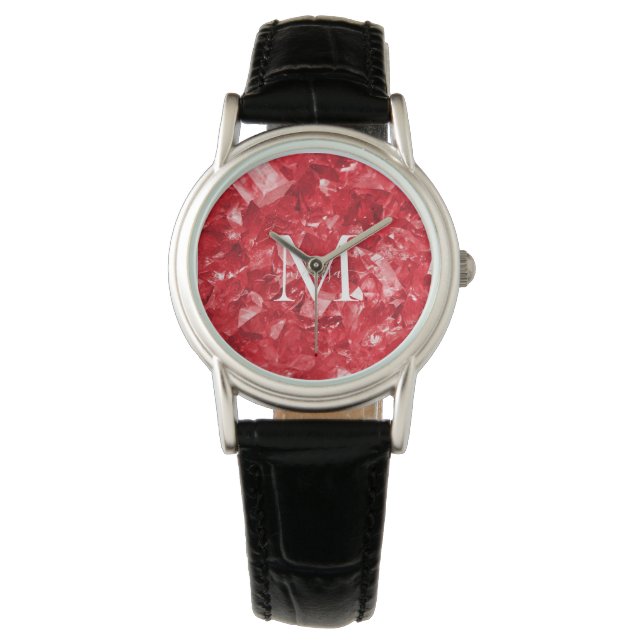 Ruby Birthstone Monogram Personalisiert Name Armbanduhr (Vorderseite)