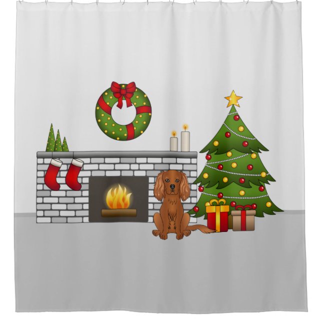 Ruby Cavalier Dog in einem Weihnachtszimmer Duschvorhang (Vorderseite)