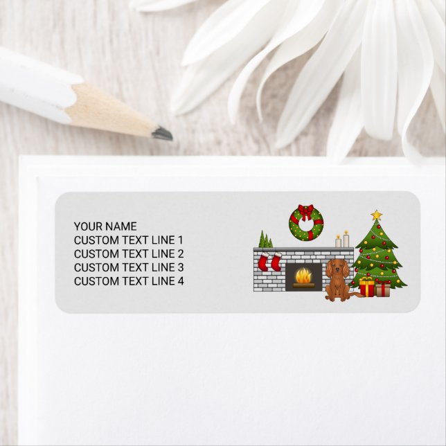 Ruby Cavalier Dog in einem Weihnachtszimmer & Text (Insitu)