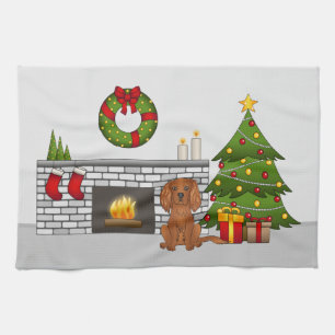 Ruby Cavalier Hund in einem festlichen Weihnachtsz Geschirrtuch