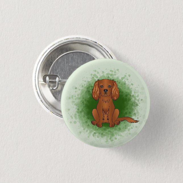 Ruby Cavalier King Charles Spaniel Dog On Green Button (Vorne & Hinten)