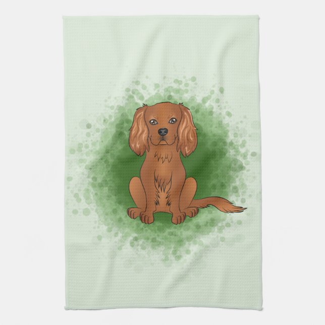 Ruby Cavalier King Charles Spaniel Hund auf Grün Geschirrtuch (Vertikal)