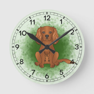 Ruby Cavalier King Charles Spaniel Hund auf Grün Runde Wanduhr