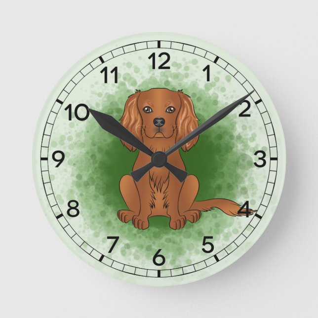 Ruby Cavalier King Charles Spaniel Hund auf Grün Runde Wanduhr (Vorderseite)