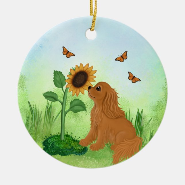 Ruby Cavalier King Charles Spaniel mit Sonnenblume Keramik Ornament (Vorne)