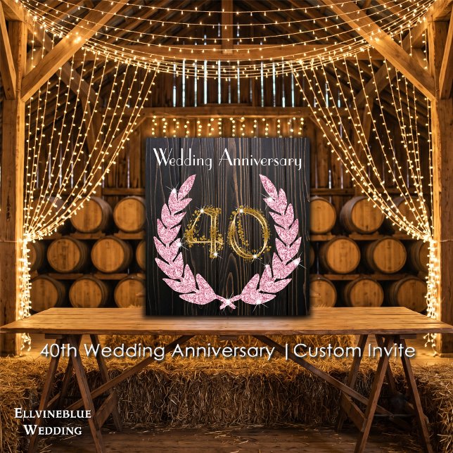 Ruby Diamond Laurel Gold 40. Hochzeitstag Einladung (40th Wedding Anniversary Invite | Rustic Wood & Ruby Laurel. Size: 5.25” x 5.25”)