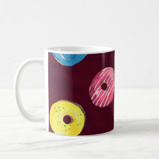 Ruby Donuts: Aquarellfarbenes, nahtloses Muster. Kaffeetasse (Links)