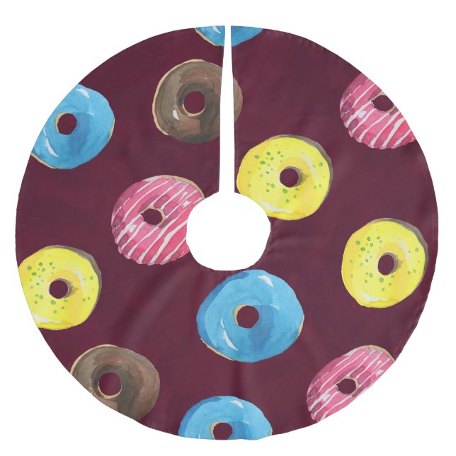 Ruby Donuts: Aquarellfarbenes, nahtloses Muster. Polyester Weihnachtsbaumdecke (Vorderseite)