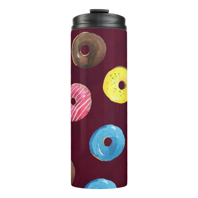 Ruby Donuts: Aquarellfarbenes, nahtloses Muster. Thermosbecher (Vorderseite)