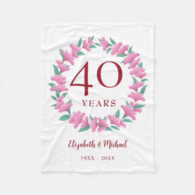 Ruby Floral Pink Blume zum 40. Jubiläum Kranz Fleecedecke (Vorderseite)