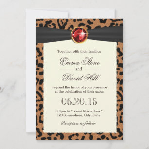 Ruby Gemstone Black Ribbon Leopard Print Wedding Einladung