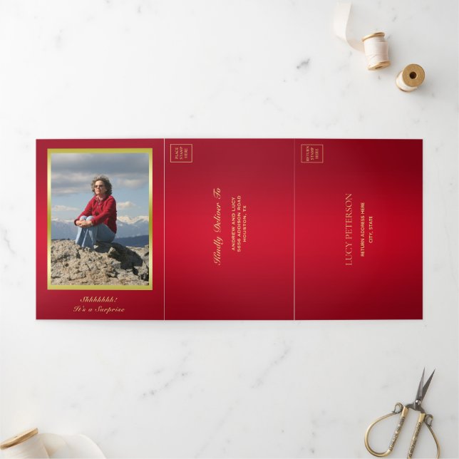 Ruby, Gold Foto, QR Code 50. Überraschung Geburtst Dreifach Gefaltete Einladung (Außenbereich)