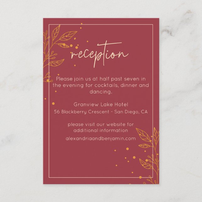 Ruby Gold Leaf Hochzeitsempfang Begleitkarte (Vorderseite)