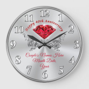 Ruby Happy 40th Anniversary Clock with Your Text Große Wanduhr