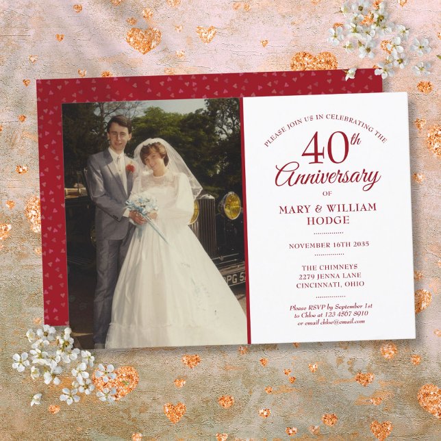 Ruby Heart Confetti Wedding Foto zum 40. Jubiläum Einladung (40th Anniversary Ruby Heart Confetti Wedding Photo Invitation)