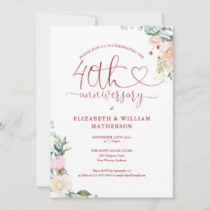Ruby Heart Floral Monogram zum 40. Jubiläum Einladung