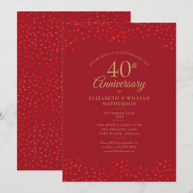 Ruby Liebe Hearts Confetti zum 40-jährigen Jubiläu Einladung (Vorne/Hinten)
