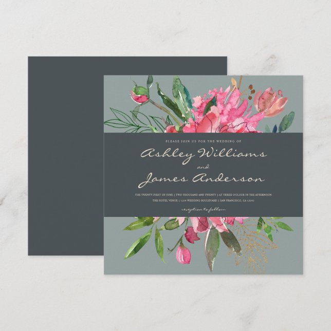 Ruby Peony Floral Wedding Einladung | Platz (Vorne/Hinten)
