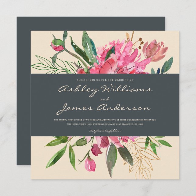 Ruby Peony Floral Wedding Einladung | Platz (Vorne/Hinten)