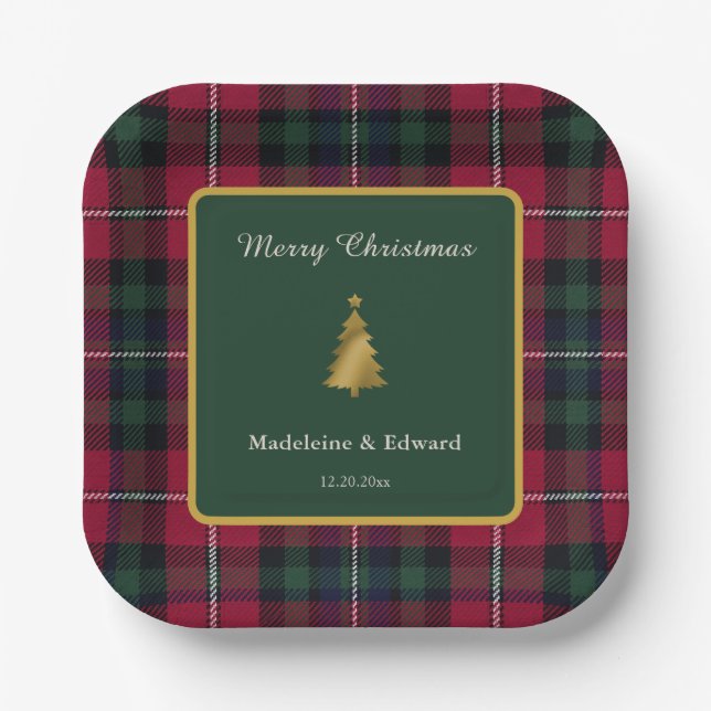 Ruby Pine Holiday Tartan Goldener Baum Quadratisch Pappteller (Vorderseite)