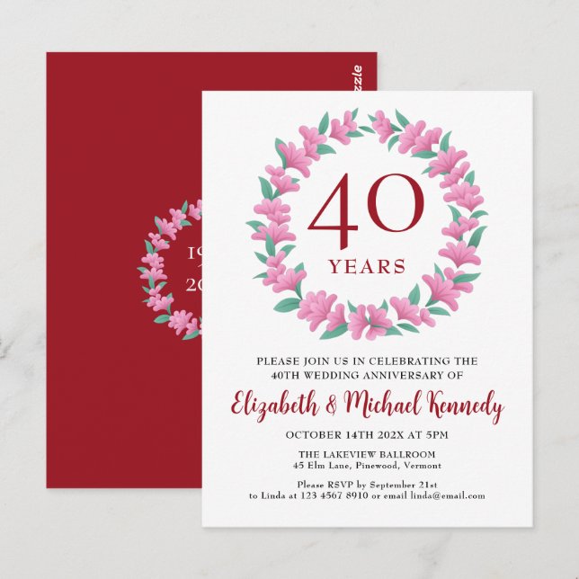 Ruby Pink Green Wreath Einladung zum 40-jährigen J Postkarte (Vorne/Hinten)