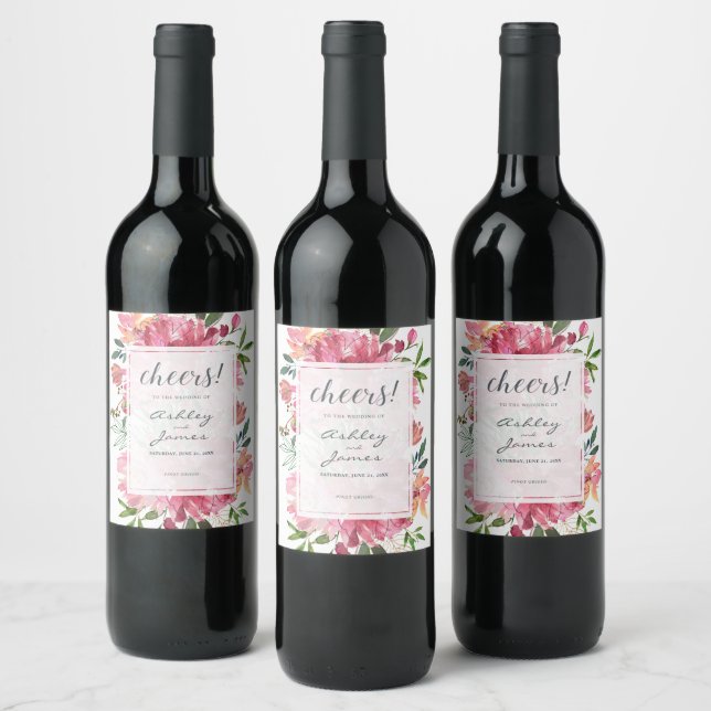 Ruby Pink Peony Botanical Cheers Wedding Weinetikett (Flaschen)
