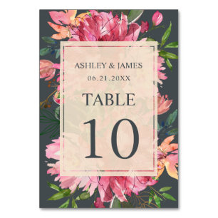Ruby Pink Peony Botanical Off Black Wedding Tischnummer
