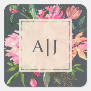 Ruby Pink Peony Floral Botangram Quadratischer Aufkleber