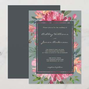 Ruby Pink Peony Floral Green Wedding Einladung