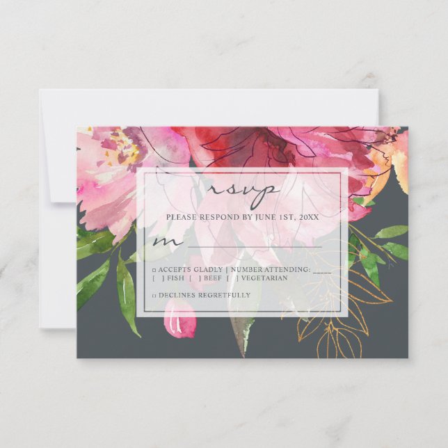 Ruby Pink Peony Floral Wedding RSVP Karte (Vorderseite)