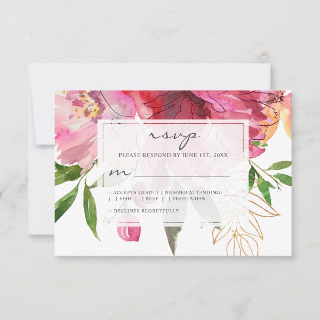 Ruby Pink Peony Floral Wedding RSVP Karte (Vorderseite)